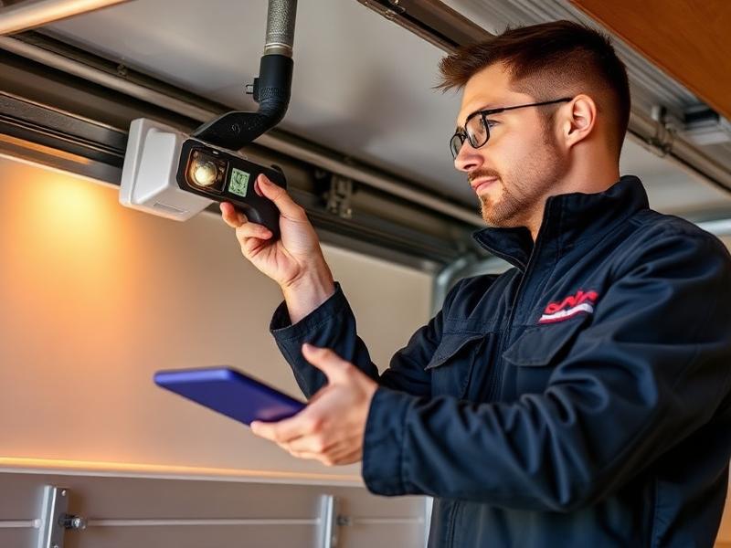 Spring Branch Garage Doors certified technician in uniform performing a thorough garage door inspection on a residential property