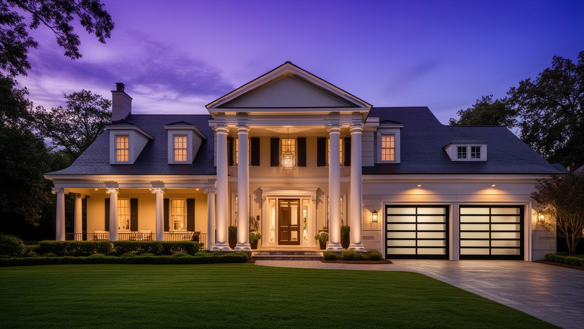 Modern luxury home featuring contemporary glass and aluminum garage doors illuminated at dusk, showcasing professional installation quality